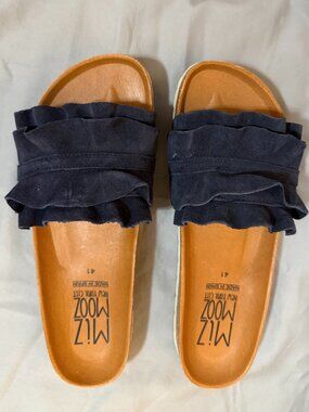 Miz Mooz Navy Suede Ruffle Slide Sandals Size 41 Made in Spain SKU081